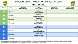 PE extra curricular activities for term 1 2020-2021