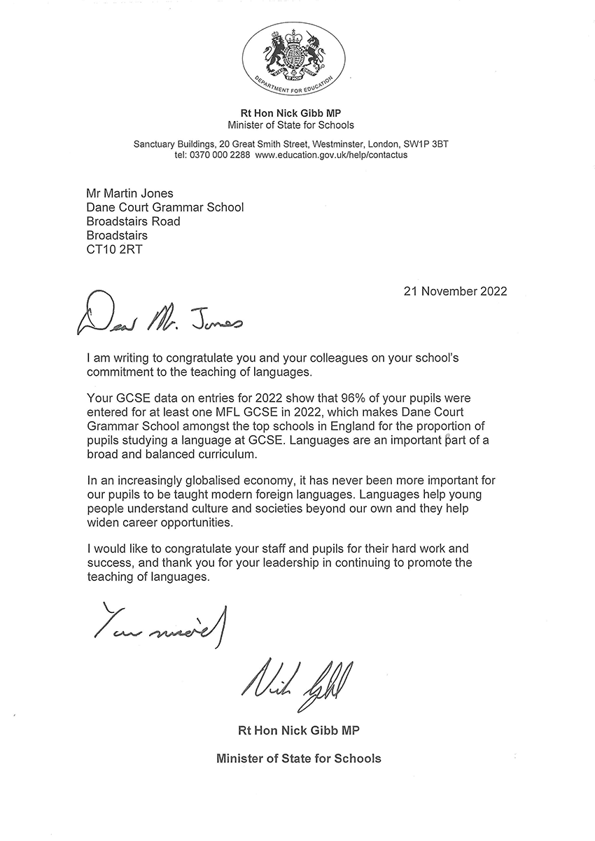 languages 2022 letter from Rt Hon Nick Gibb